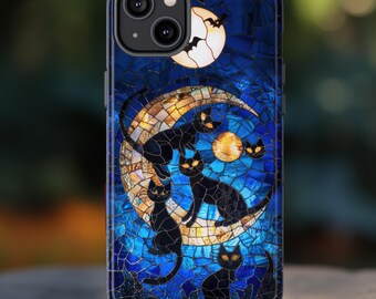 Celestial Stained Glass Moon and Cats Phone Case, Spooky Stain Glass Starry Night Sky Design Phone Cover, iPhone 15, Pixel 8, Samsung S24