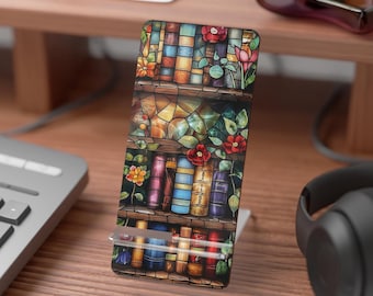 Stained Glass Bookshelf Phone Stand | Floral Library Smartphone Display