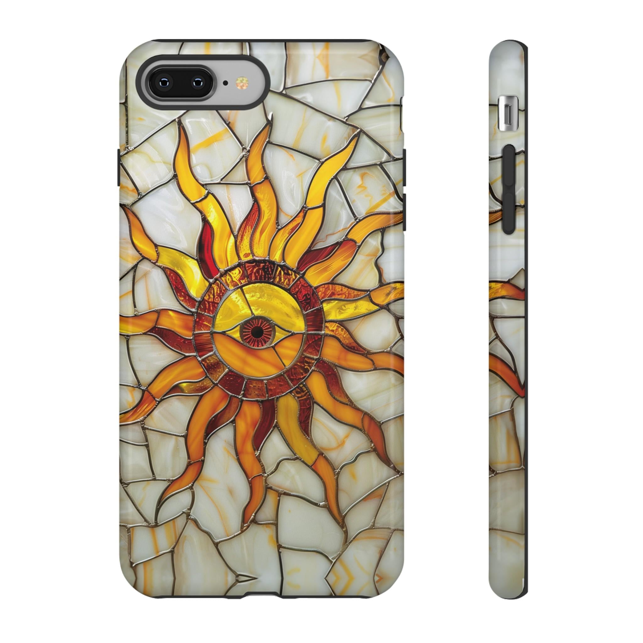 Celestial Sun Stained Glass Phone Case, Moon Stars Sunshine Design Phone Cover For iPhone Pro Max, Pixel Pro, Samsung Galaxy Ultra Plus