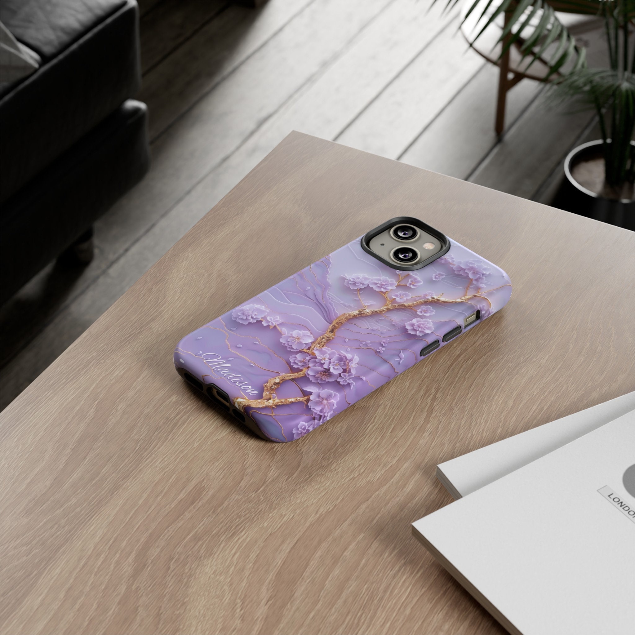 Custom Lavender Japanese Landscape Phone Case, 3D Purple Blossom Asian Art, iPhone 15 14 Pro Max, Pixel 8 Pro, Samsung S24 S23 Ultra Plus