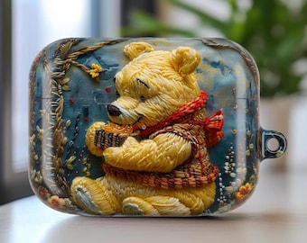 Faux Embroidery Winnie the Pooh Protective AirPod Pro Shell Case, Cute 3D Look Honey Pooh Bear AirPo Earphone Cover, Trendy Music Lover Gift