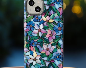 Étui pour portable en vitrail floral | Fleurs en mosaïque effet vitrail | iPhone 15 14 13 Pro Max | Pixel 8 7 | Samsung S24 S23 Ultra