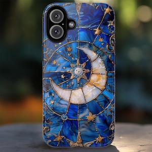 Himmlische Glasmalerei Mond und Sterne Handyhülle Faux Stain Glass Sternenhimmel Design Handyhülle iPhone 16 15 Pixel 9 8 Samsung S25 24