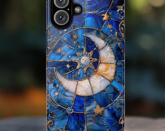Himmlische Glasmalerei Mond und Sterne Handyhülle Faux Stain Glass Sternenhimmel Design Handyhülle iPhone 16 15 Pixel 9 8 Samsung S25 24