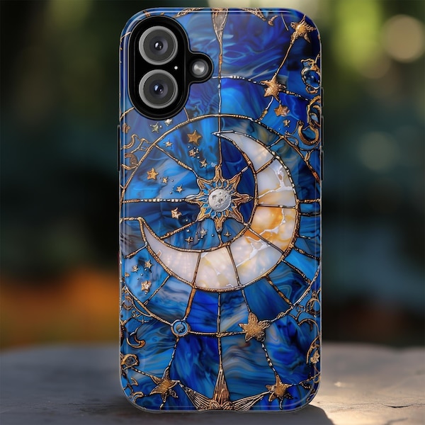 Himmlische Glasmalerei Mond und Sterne Handyhülle Faux Stain Glass Sternenhimmel Design Handyhülle iPhone 16 15 Pixel 9 8 Samsung S25 24