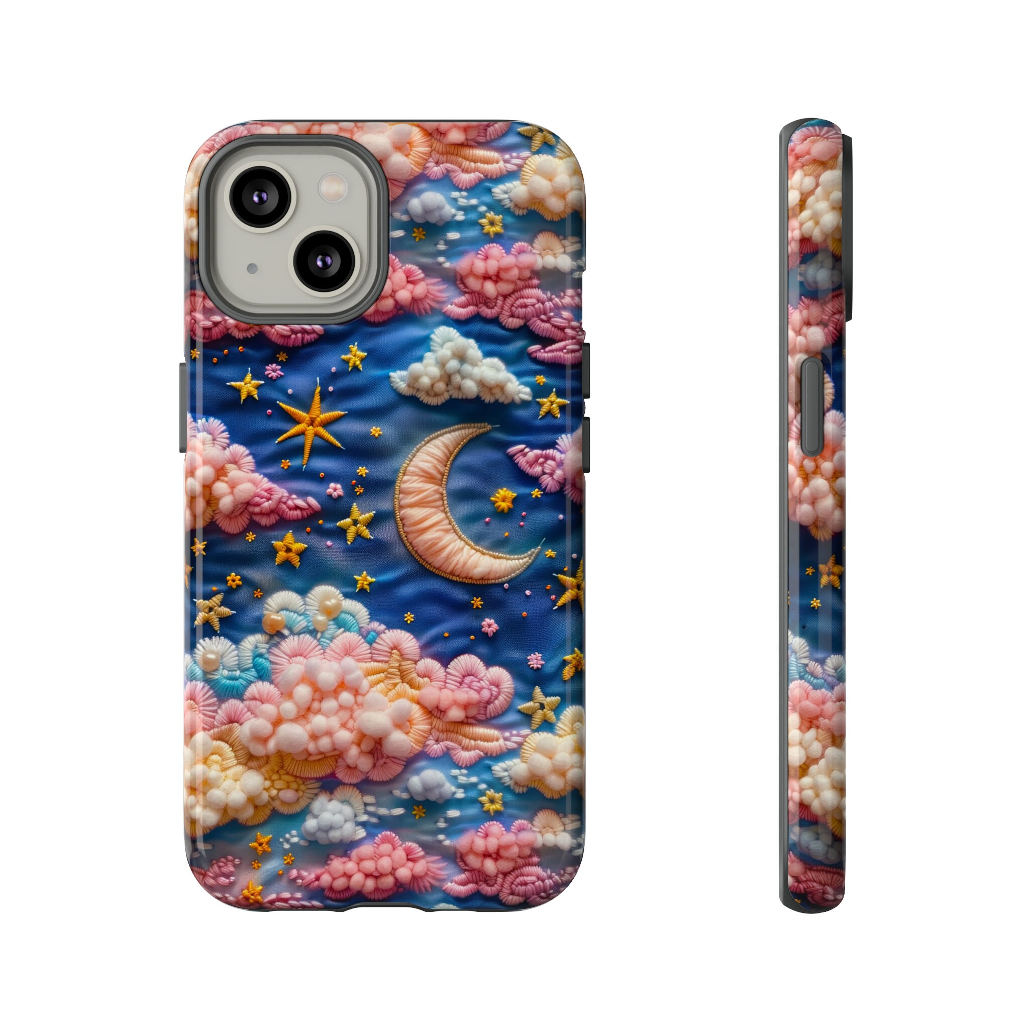Astral Blossoms 3D Celestial Rainbow Embroidered Phone Case | Colorful Faux Embroidery 3D Stars & Moon Phone Cover For iPhone Samsung Pixel
