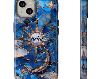 Custom Celestial Stained Glass Print Phone Case, Stained Glass Look Moon Stars Phone Cover, iPhone Pro Max, Pixel Pro, Samsung Ultra Plus