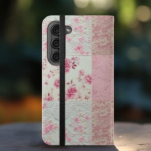 Pink & White Lace Flip Phone Case, Faux Vintage Lacey Collage Phone Wallet, iPhone 16 15 14 13 Pro Max, Samsung S25 24 23 22 21 Plus Ultra