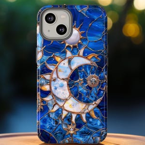 Celestial Stained Glass Print Moon & Stars Phone Case, Faux Stain Glass Starry Night Sky Design Phone Cover, iPhone 16, Pixel 8, Samsung S24