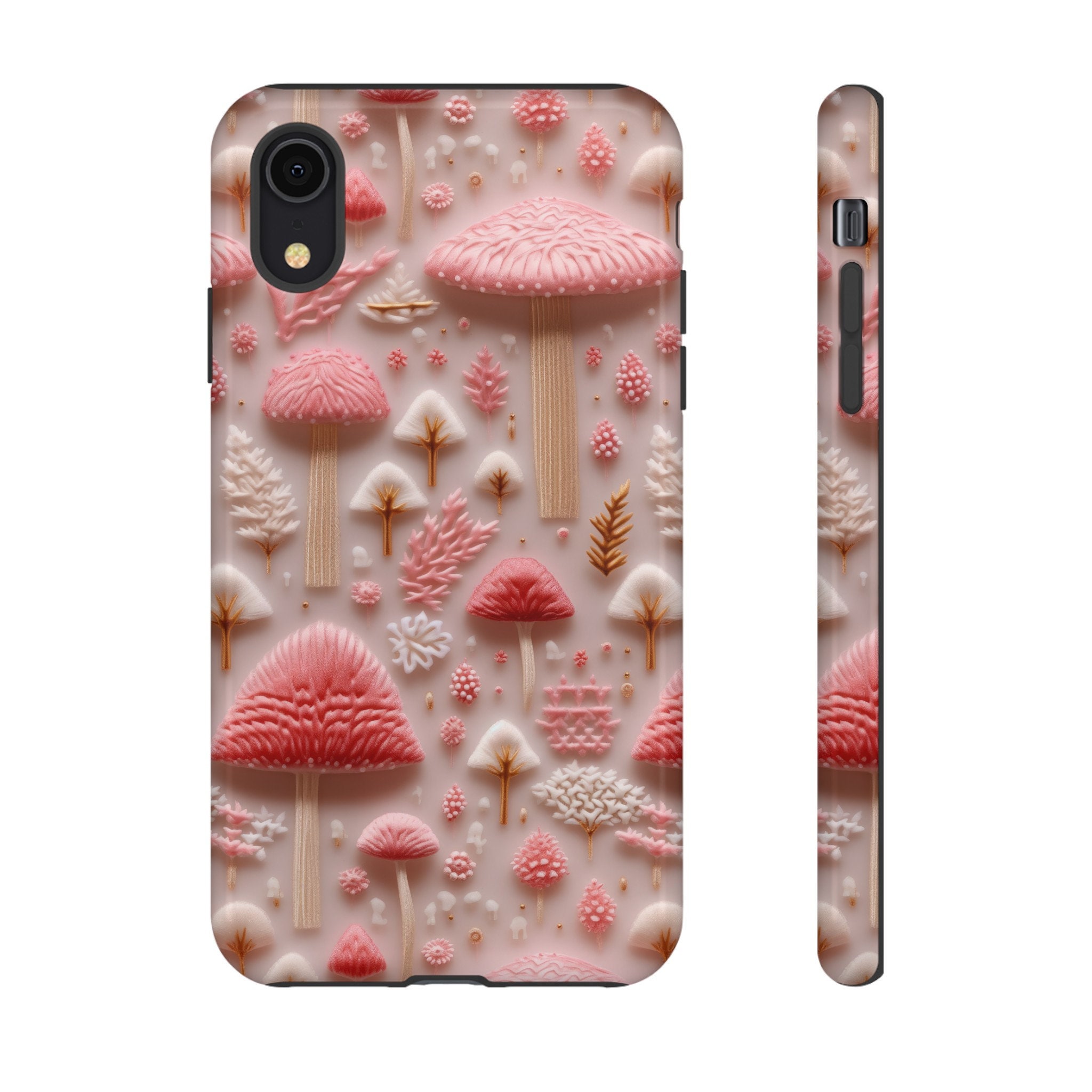 3D Pink Mushroom Phone Case, Faux Embroidery Mushroom Design Phone Cover, Cute Cottagecore Case iPhone 15 14 13, Pixel 8 7, Samsung S24 S23