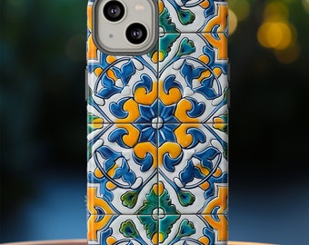Colorful Azulejo Porcelain Tile Mediterranean Phone Case, Vintage Portuguese Ceramic Tile Design For iPhone, Google Pixel, Samsung Galaxy