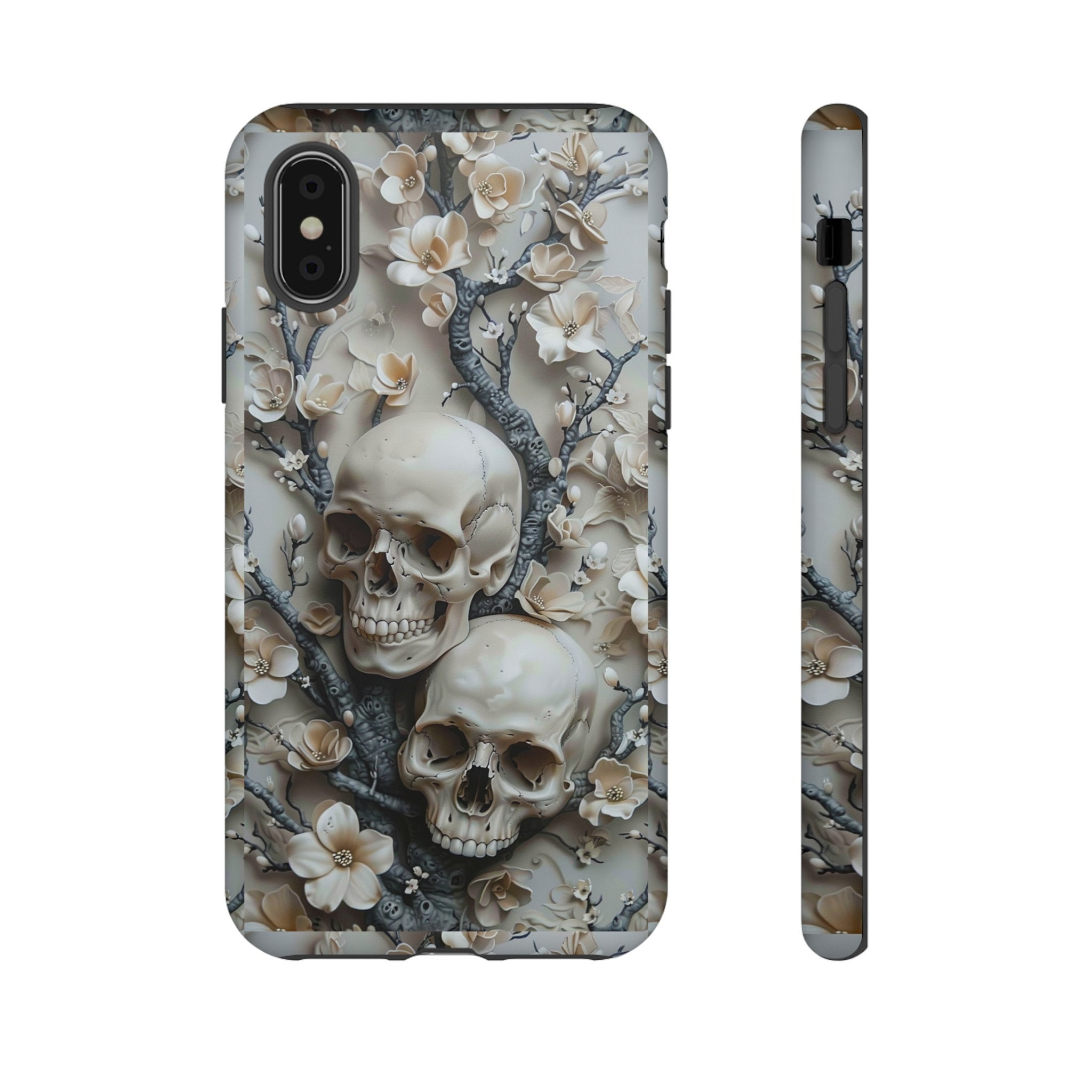 3D Gothic Skulls In Flowers Phone Case | Dark Academia Floral Skull Phone Case | iPhone 15 14 Pro Max, Pixel 8 7, Samsung S24 S23 Ultra Plus