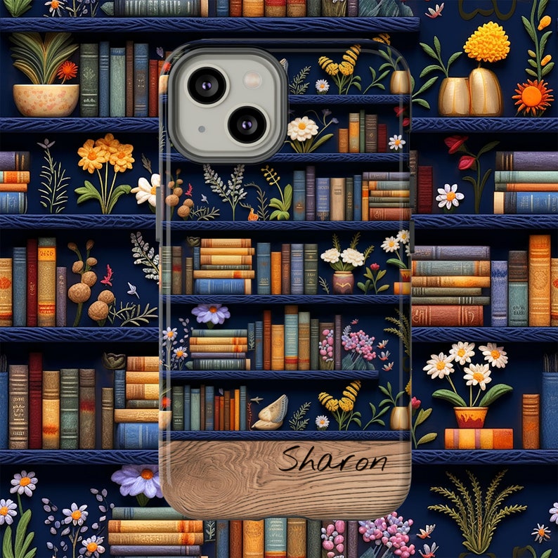 May include: A personalized phone case with a wood-grain design and the name "Sharon" engraved on the bottom. The case features a blue bookshelf background with colorful books and floral accents.