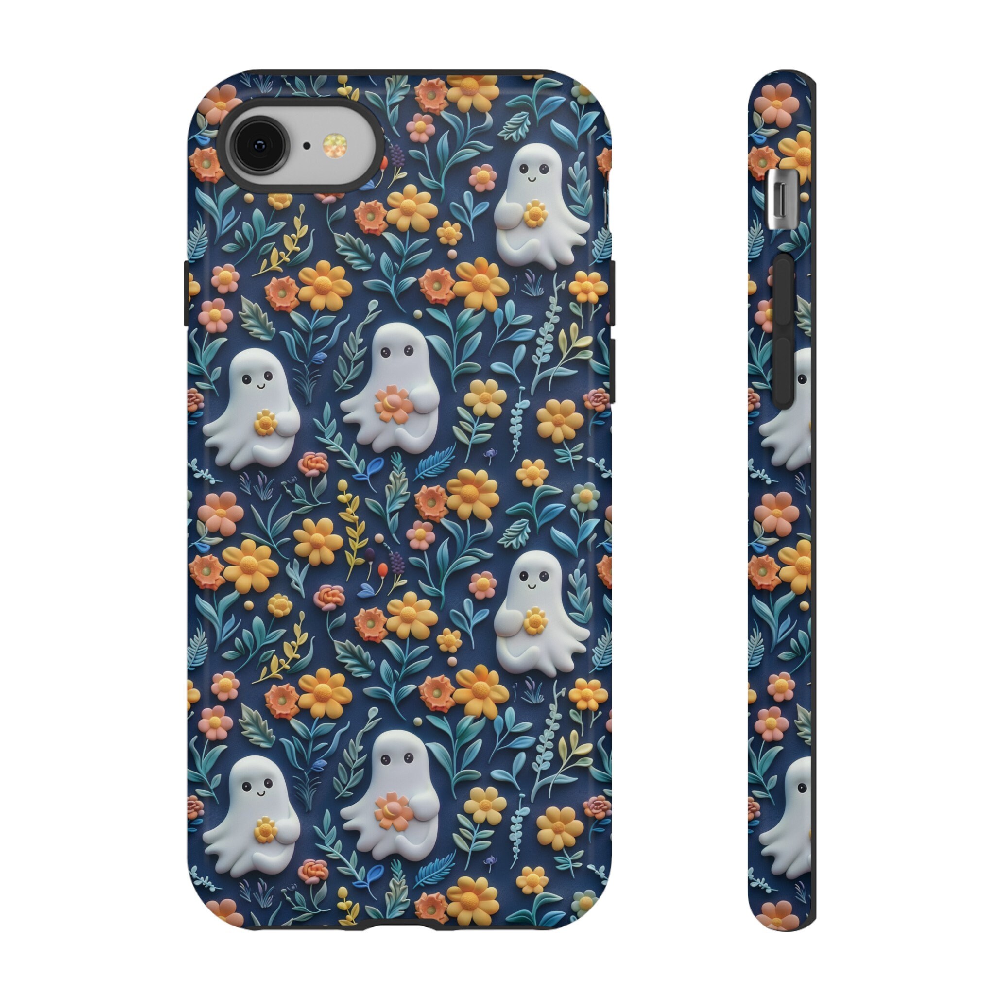 Cute Floral Ghosts Phone Case, 3D Clay Ghosts In Flowers Halloween Phone Cover, iPhone Pro Max, Google Pixel Pro, Samsung Galaxy Plus Ultra