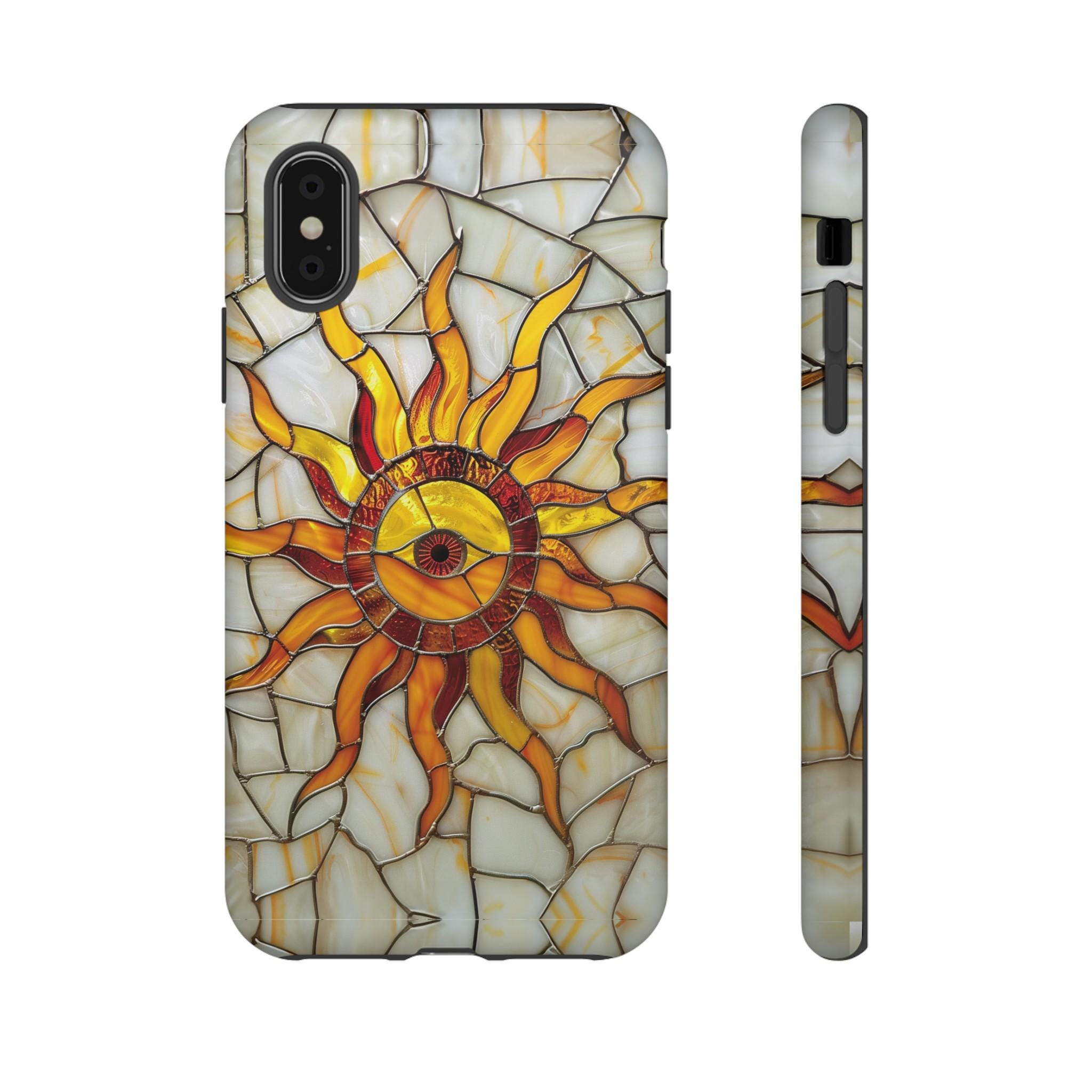 Celestial Sun Stained Glass Phone Case, Moon Stars Sunshine Design Phone Cover For iPhone Pro Max, Pixel Pro, Samsung Galaxy Ultra Plus