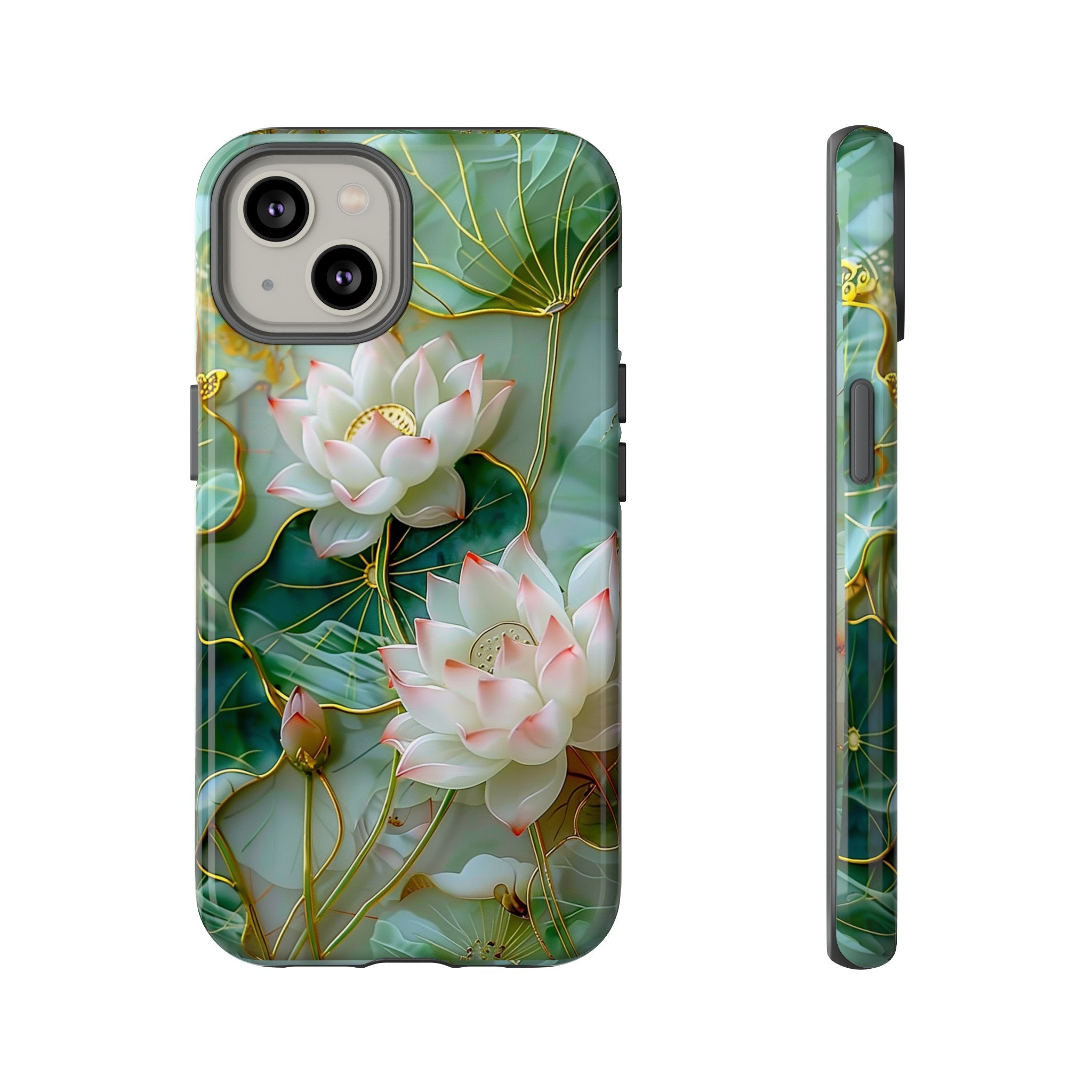 Emerald Green Marble Pink Lotus Floral Phone Case, iPhone 15 14 13 12 Pro Max, Google Pixel 8 7 Pro, Samsung Galaxy S24 S23 S22 Ultra Plus