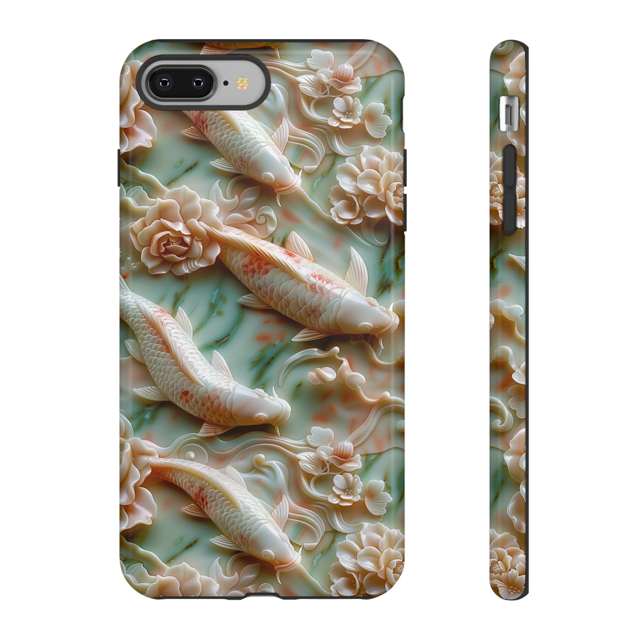 Asian Jade Koi Fish Carving Phone Case, Pink Marble Koi Fish Pond, iPhone 15 14 Pro Max, Google Pixel 8 Pro, Samsung Galaxy S24 S22 Ultra