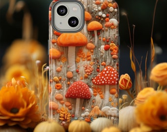 Trippy Shrooms Phone Case | Embroidered Mushroom Design Phone Cover | Cute Fall Cottagecore Case For iPhone | Pixel | Samsung