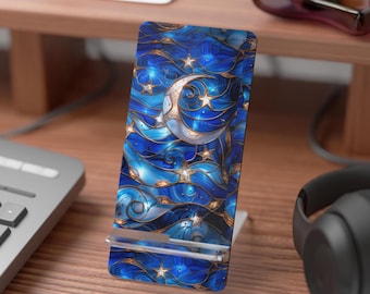 Crescent Moon & Stars Mobile Display Stand for Smartphones | Blue Stained Glass Phone Holder