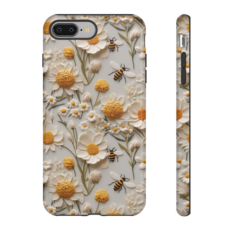 Custodia per telefono con fiori e bombi in 3D / Custodia per telefono con api floreali carine e ricamo finto per iPhone 15, Google Pixel 8, Samsung Galaxy S24 immagine 9