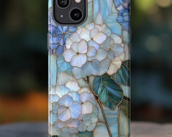 Blue Hydrangea Faux Stained Glass Style Phone Case, Wildflower Floral Artful Vintage Gift, Iphone 16 Pixel 9 Samsung S25 Tough Phone Casing