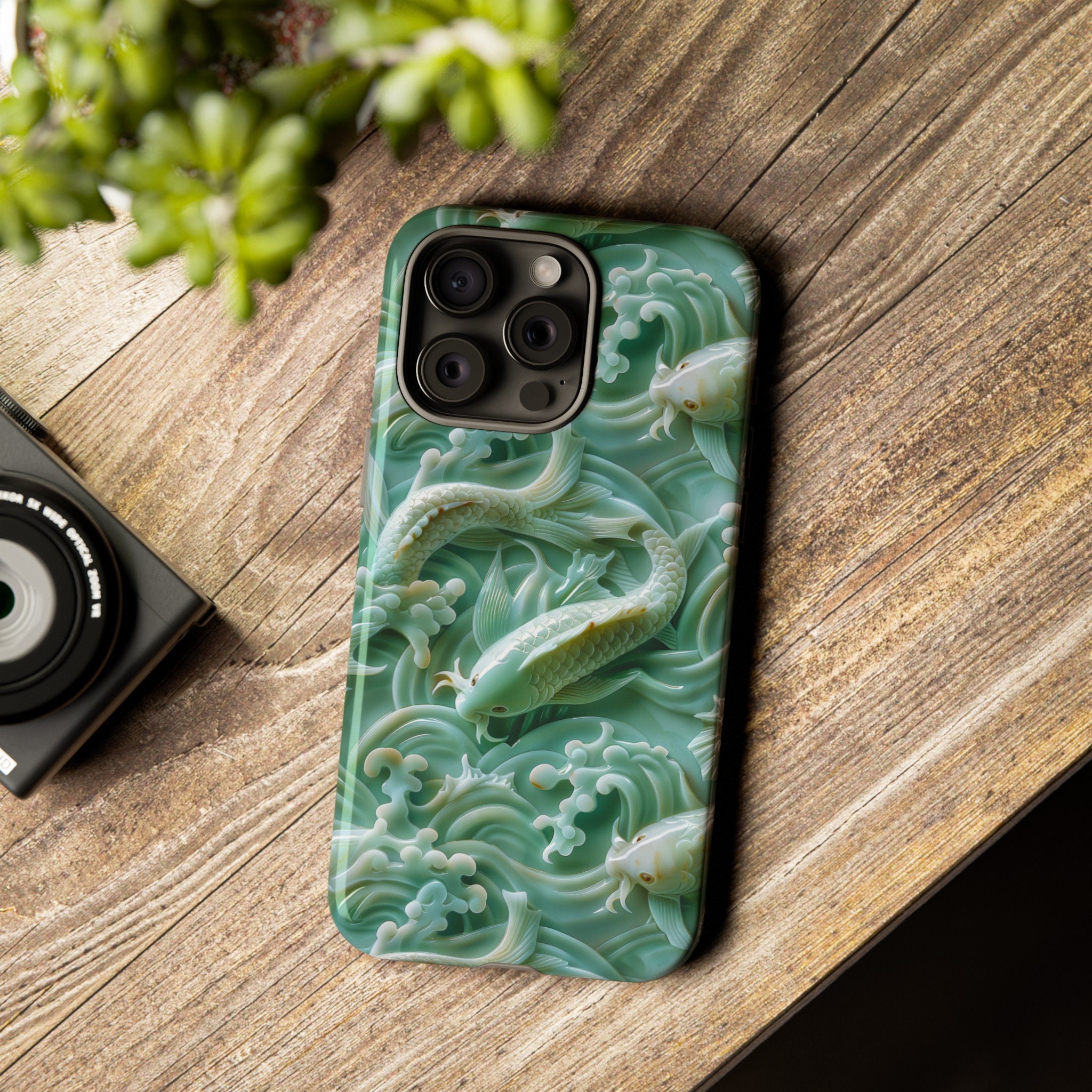 Asian Jade Carving Koi Phone Case | 3D Marble Fish Landscape | iPhone 15 14 Pro Max | Google Pixel 8 7 Pro | Samsung Galaxy S24 S22 Ultra