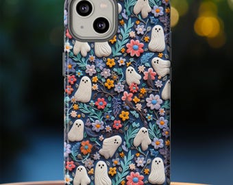 Playful Spirits Floral Ghosts Phone Case, 3D Clay Effect Ghosts In Flowers Phone Cover, iPhone Pro Max Mini, Pixel Pro XL Samsung Plus Ultra