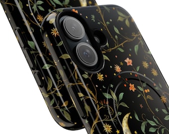 May include: Black phone case with a floral and moon design. The case has a built-in ring holder.