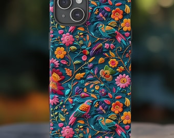 Etui na telefon z motywem tropikalnych ptaków, efekt haftu w neonowym kolorze w stylu meksykańskim, na iPhone'a 16, Pixel 9, Samsunga S25