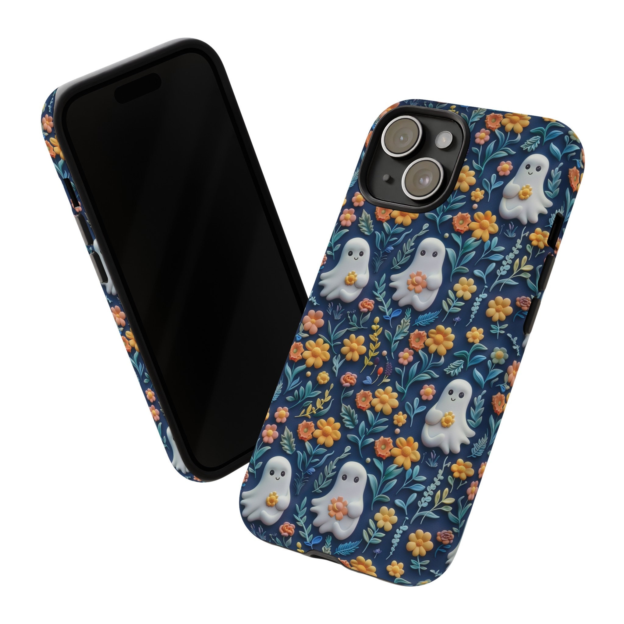 Cute Floral Ghosts Phone Case, 3D Clay Ghosts In Flowers Halloween Phone Cover, iPhone Pro Max, Google Pixel Pro, Samsung Galaxy Plus Ultra