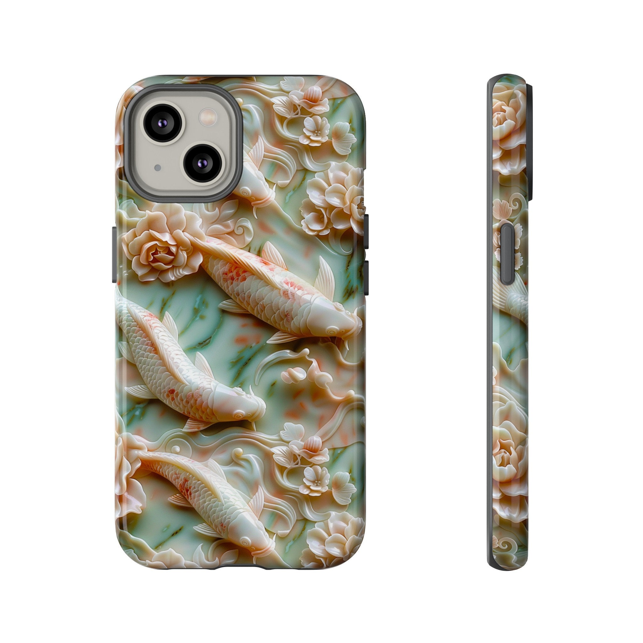 Asian Jade Koi Fish Carving Phone Case, Pink Marble Koi Fish Pond, iPhone 15 14 Pro Max, Google Pixel 8 Pro, Samsung Galaxy S24 S22 Ultra