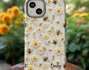 Coque de portable personnalisée pour amoureux des abeilles | Housse de téléphone personnalisée bourdon floral faux brodé pour iPhone Pixel Samsung S24 | Cadeau pour les amateurs d'abeilles