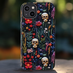 Garden Of Bones Skulls In Wildflowers Phone Case | 3D Embroidery Look Gothic Skeletons in Bloom iPhone Cover For iPhone Pixel Samsung Galaxy