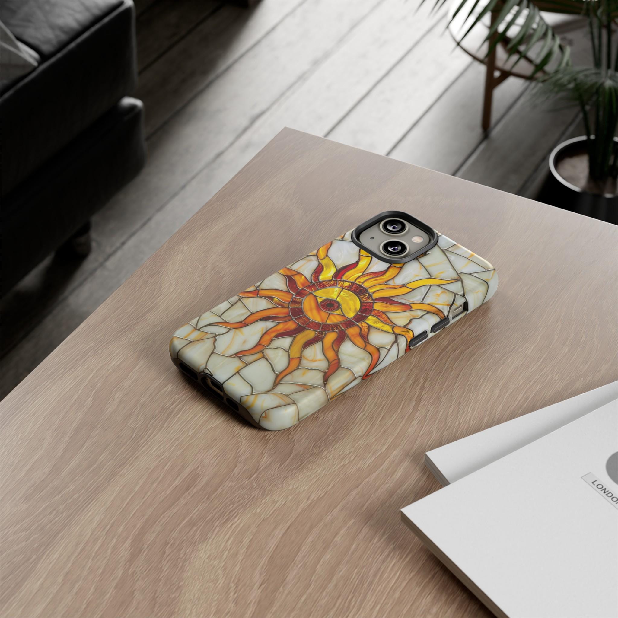 Celestial Sun Stained Glass Phone Case, Moon Stars Sunshine Design Phone Cover For iPhone Pro Max, Pixel Pro, Samsung Galaxy Ultra Plus