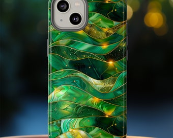Green Stained Glass Celestial Phone Case | Emerald Gold Faux Stain Glass Stars Phone Cover | iPhone Pro Max | Pixel Pro | Samsung Ultra Plus