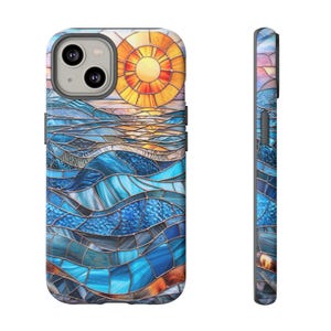 Faux Stained Glass Sunset Phone Case, Mosaic Sunray Ocean Phone Cover, iPhone Google Pixel Samsung Galaxy image 3