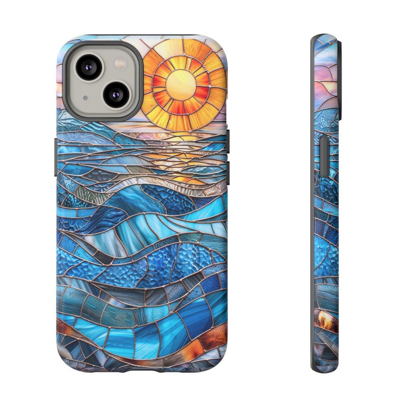 Faux Stained Glass Sunset Phone Case, Mosaic Sunray Ocean Phone Cover, iPhone Google Pixel Samsung Galaxy image 3