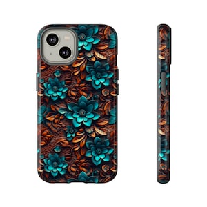 Western Boho Phone Case | Tooled Leather Effect Turquoise Floral Phone Case | Western Leather Phone Cover For iPhone | Samsung | Pixel