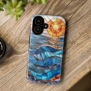 Faux Stained Glass Sunset Phone Case, Mosaic Sunray Ocean Phone Cover, iPhone Google Pixel Samsung Galaxy image 12