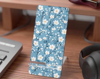 White Blossom Floral Mobile Display Stand for Smartphones | Blue Flower Phone Stand