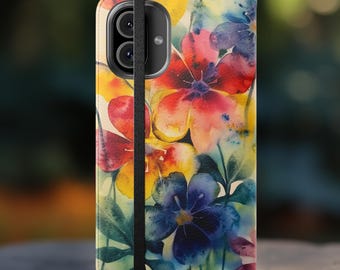 Watercolor Floral Flip Phone Case, Retro Watercolor Wallet Phone Case, iPhone 16 15 14 13 Pro Max, Samsung Galaxy S25 24 23 22 21 Plus Ultra