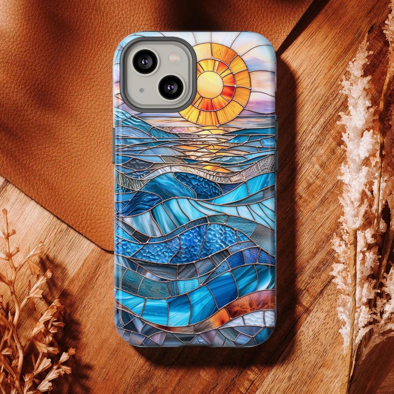 Faux Stained Glass Sunset Phone Case, Mosaic Sunray Ocean Phone Cover, iPhone Google Pixel Samsung Galaxy image 1