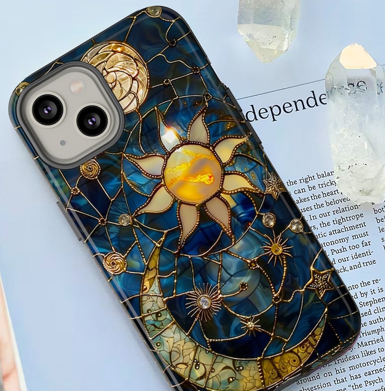 Celestial Stained Glass Print Moon & Stars Phone Case, Faux Stain Glass Starry Night Sky Design Phone Cover, iPhone 15, Pixel 8, Samsung S24 image 1