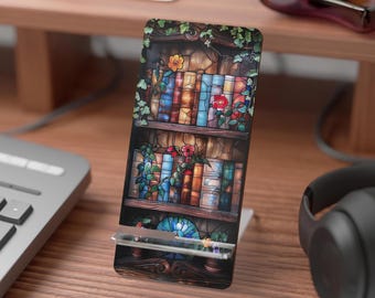 Stained Glass Bookcase Mobile Display Stand for Smartphones | Floral Books Phone Holder