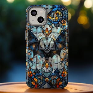 Stained Glass Bat Phone Case, Gothic Mosaic Halloween Design Phone Cover, iPhone Pro Max Mini, Google Pixel Pro, Samsung Galaxy Plus Ultra