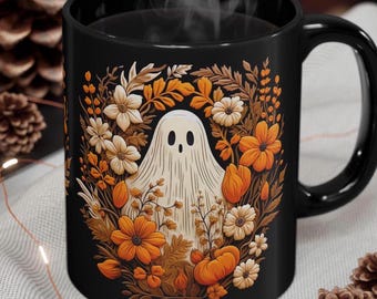 Vintage Floral Ghost Design Coffee Mug, Cute Spooky Ghosts In Autumn Flowers Teacup, Halloween Black Coffee Cup, 11 15 Ounce Ceramic Mug