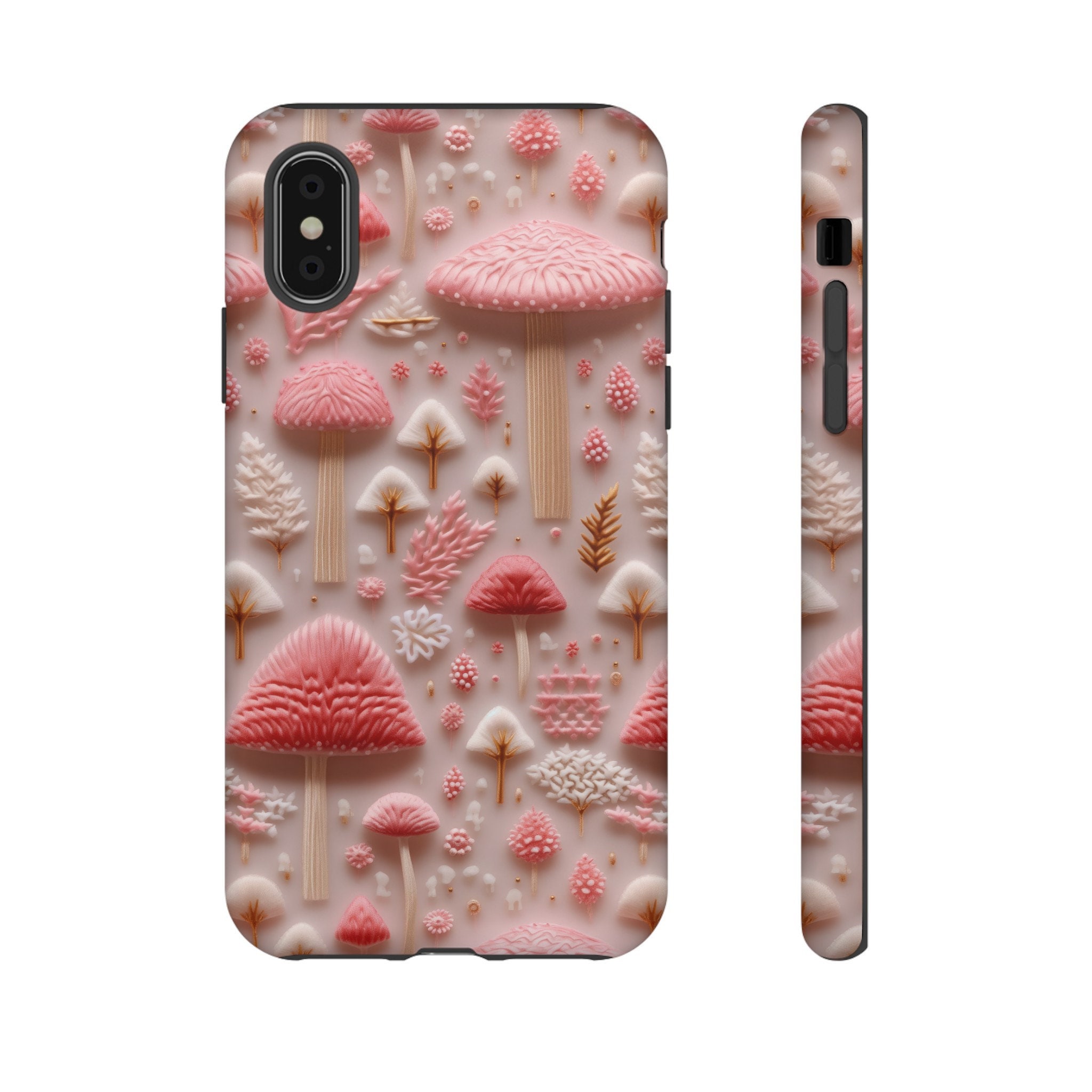 3D Pink Mushroom Phone Case, Faux Embroidery Mushroom Design Phone Cover, Cute Cottagecore Case iPhone 15 14 13, Pixel 8 7, Samsung S24 S23