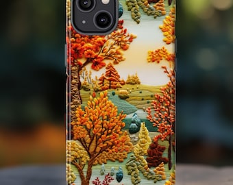Faux Embroidery Autumn Forest Cottage Phone Case, Aesthetic 3D Embroidered Effect Cottagecore Farm Phone Cover iPhone 16 Pixel 9 Samsung S25