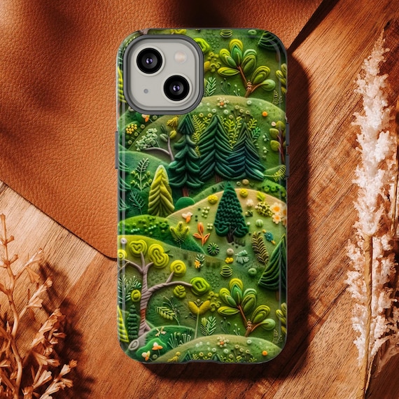 Emerald Felt Forest Phone Case | 3D Forest Green Trees Faux Embroidery Phone Cover | iPhone 15 Pro Max | Pixel 8 Pro | Samsung S24 Ultra
