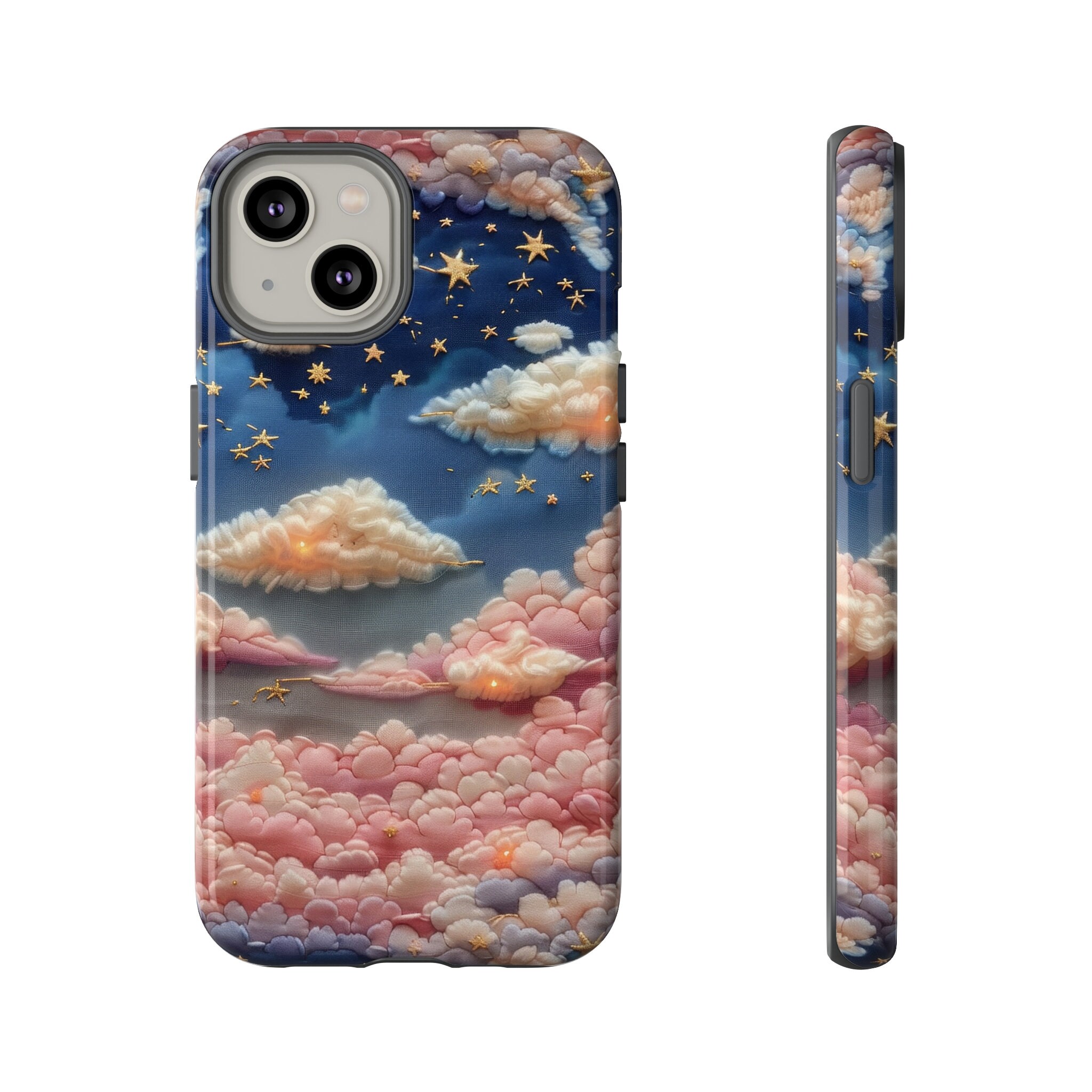 3D Celestial Rainbow Embroidered Phone Case, Puffy Faux Embroidery 3D Stars & Moon Cottagecore Phone Cover For iPhone 15 Samsung S24 Pixel 8